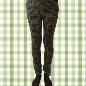Dark Green S Tartan Plaid Skinny Pants Womens